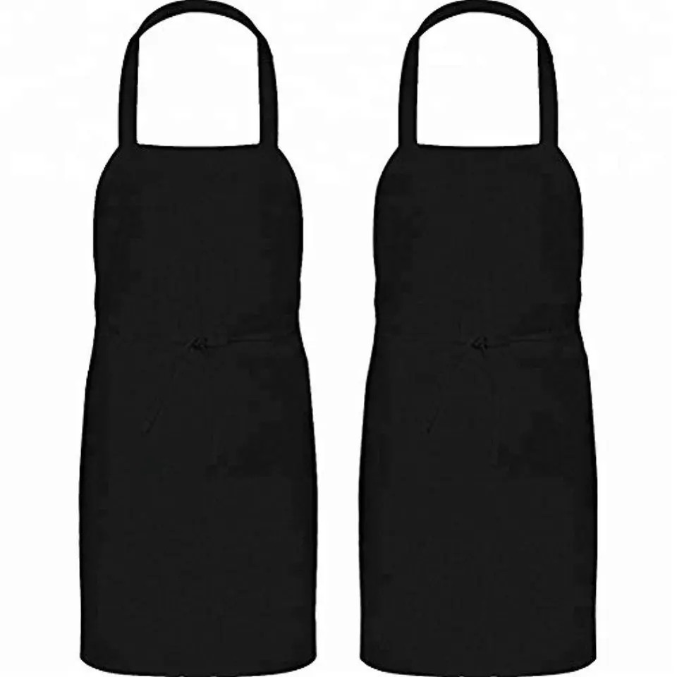 Hot sale black white bib apron 3-pockets mjs 100% spun polyester apron with ties for commercial restaurant kitchen